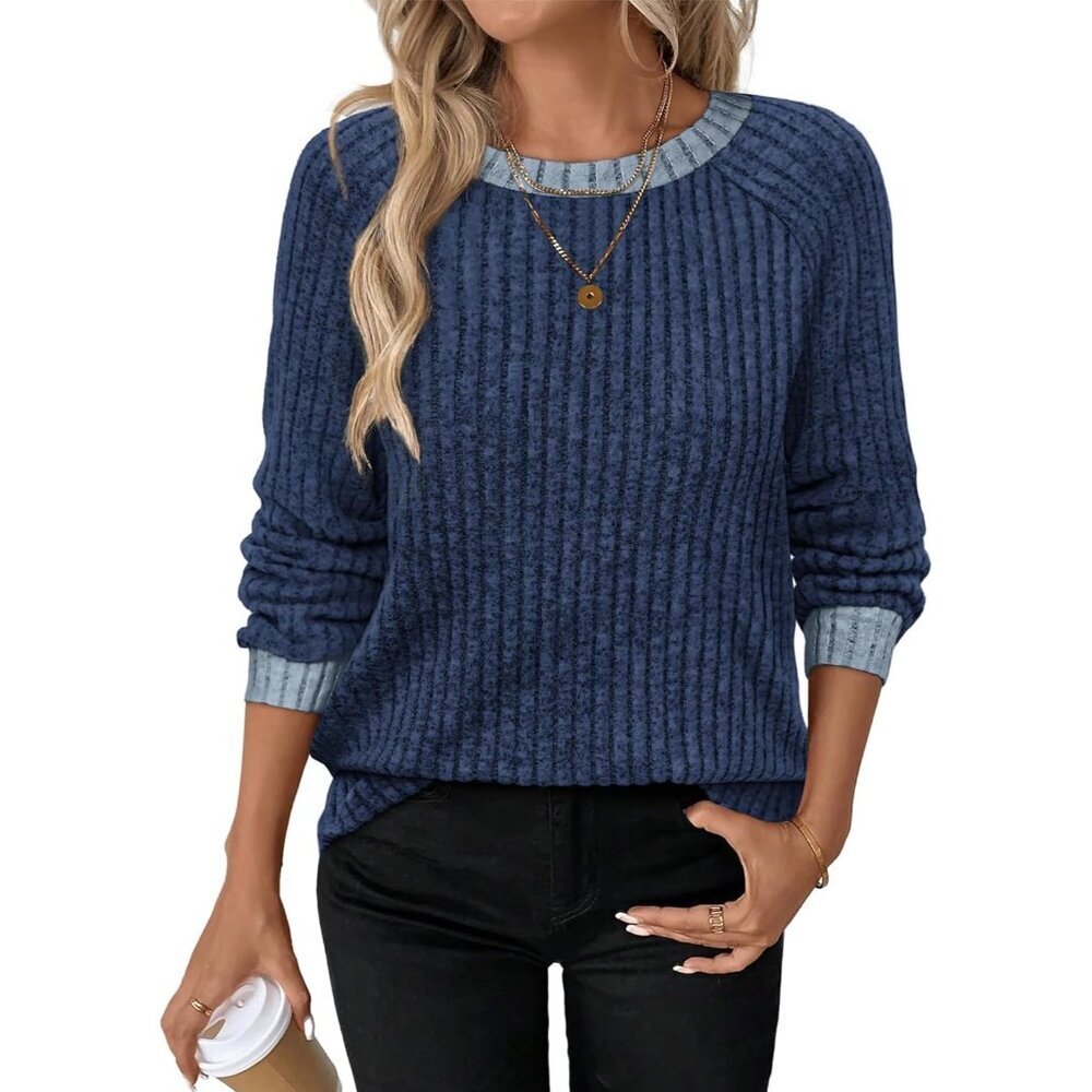 Women's Navy Blue Color Block Long Sleeve Shirt Lightweight Sweater Fall 2025 - Picture 2 of 5